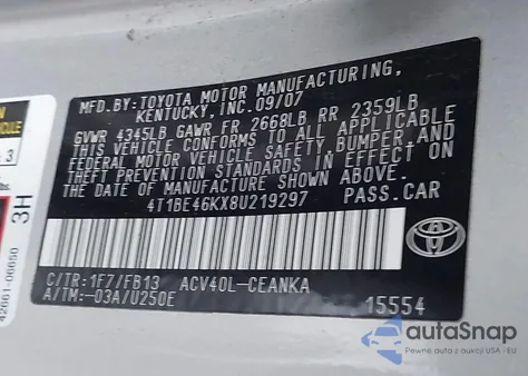 2008 Toyota Camry Le из США, поврежденный, VIN 4T1BE46KX8U219297